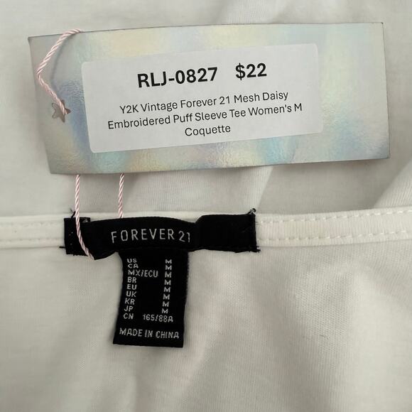 Y2K Vintage Forever 21 Mesh Daisy Embroidered Puff Sleeve Tee Women's M Coquette - Picture 6 of 6